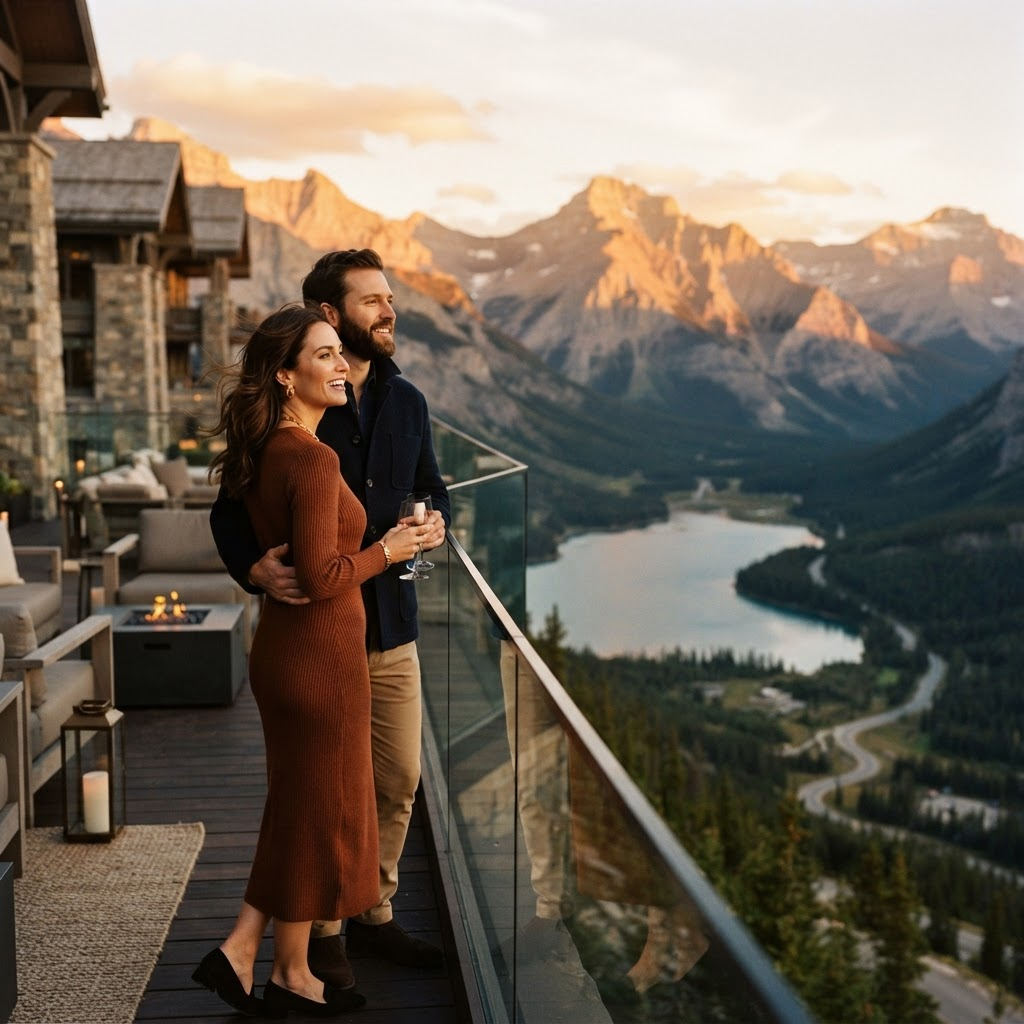 Travellers admiring a mountain and lake vista from a luxury lodge terrace