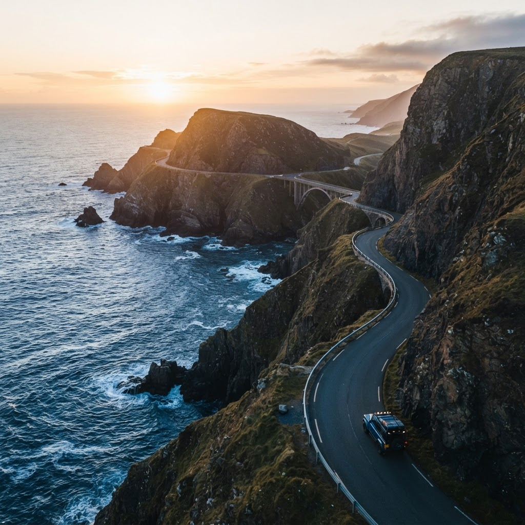 Winding coastal road along dramatic cliffs at golden hour