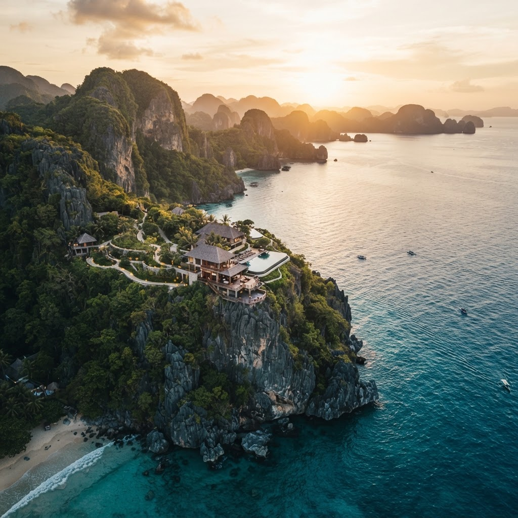Aerial view of a dramatic tropical coastline at golden hour