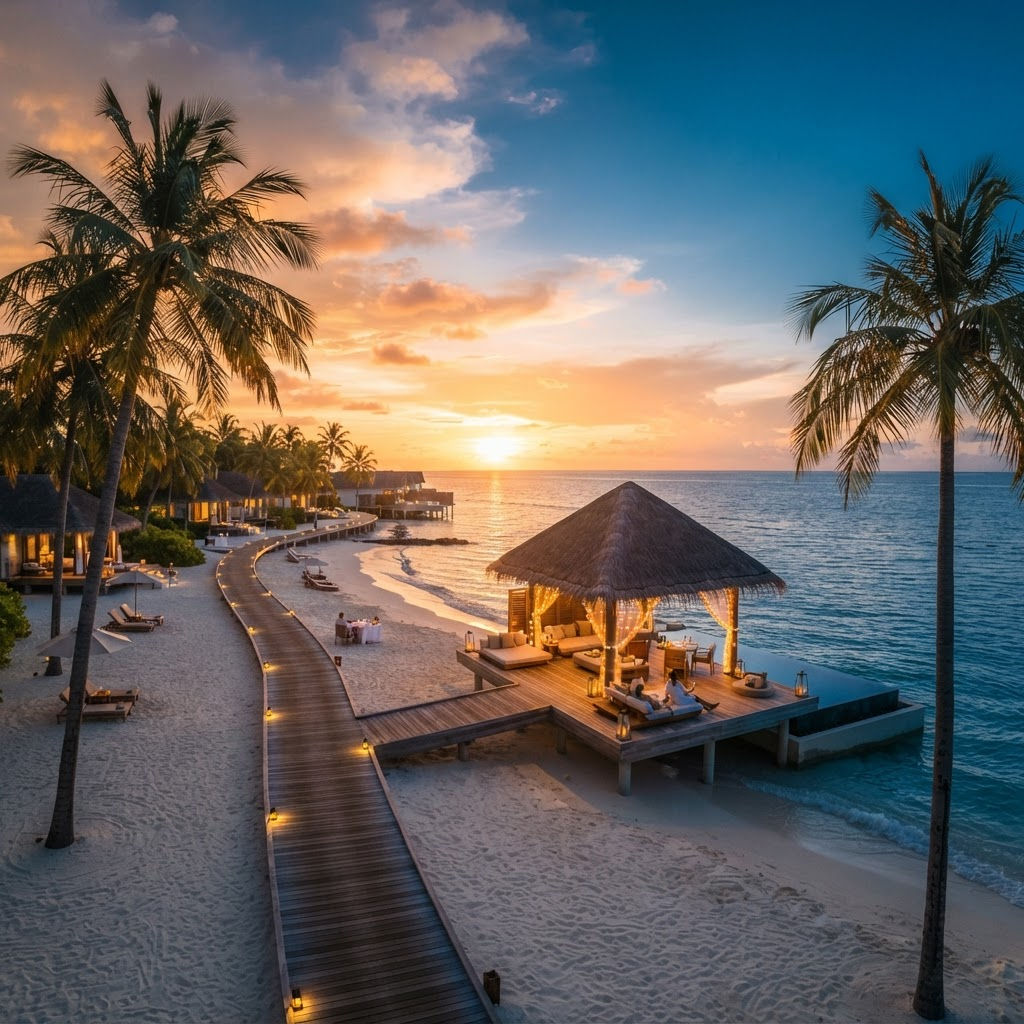 Tropical beach resort at sunset